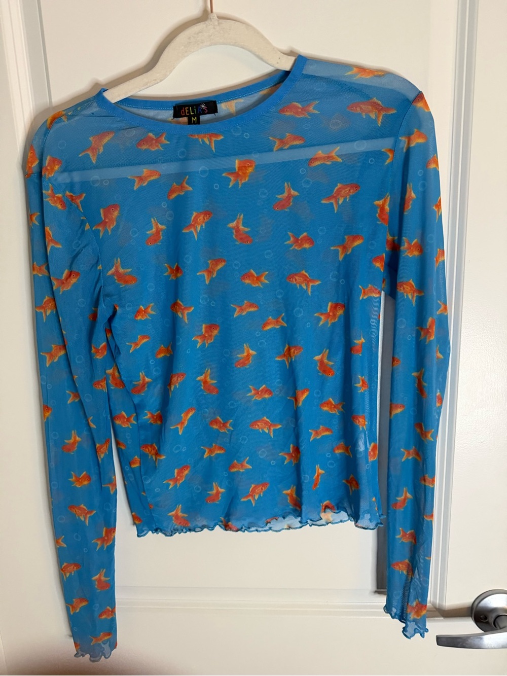 dELiA*s Blue Mesh Long Sleeve Top with Orange Goldfish Print